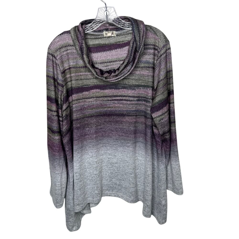 OneWorld 2X Cowl Neck Ombre Knit Sweater Purple Gray Long Sleeve Soft Stretch